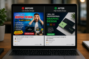 Before and after Fiverr gig design showing a cluttered low-quality thumbnail and a clean professional Fiverr gig thumbnail.