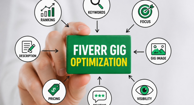 Fiverr Gig Optimization graphic showing keywords, ranking, pricing, reviews, visibility, and gig image elements