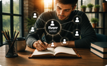 How to Become a Successful Fiverr Seller in 2026 – Professional freelancer planning Fiverr business strategies in a notebook with a glowing Fiverr Seller network concept in a realistic modern workspace.