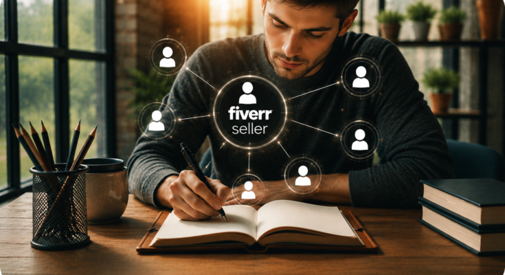 How to Become a Successful Fiverr Seller in 2026 – Professional freelancer planning Fiverr business strategies in a notebook with a glowing Fiverr Seller network concept in a realistic modern workspace.
