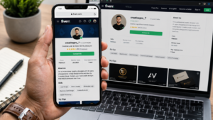 How to Become a Successful Fiverr Seller in 2026 – Professional Fiverr seller profile displayed on a smartphone with a laptop in the background, showing profile photo, bio, skills, ratings, and freelance services.