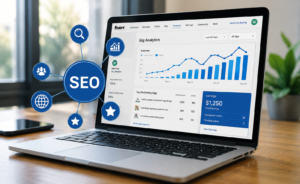 How to Become a Successful Fiverr Seller in 2026 – Freelancer optimizing a Fiverr gig on a laptop with SEO analytics, keyword research, performance charts, and gig optimization dashboard.
