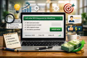 How to Become a Successful Fiverr Seller in 2026 – Realistic Fiverr gig description displayed on a laptop, highlighting SEO-optimized content, key features, buyer benefits, keyword research, and a professional freelance workspace.