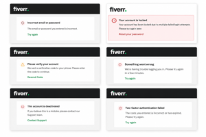 Fiverr login error screen showing common account access problems