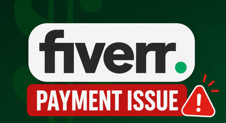 How to Fix Fiverr Payment Issues in 2026 – realistic illustration of a freelancer facing a Fiverr payment issue with a payment error warning on screen.